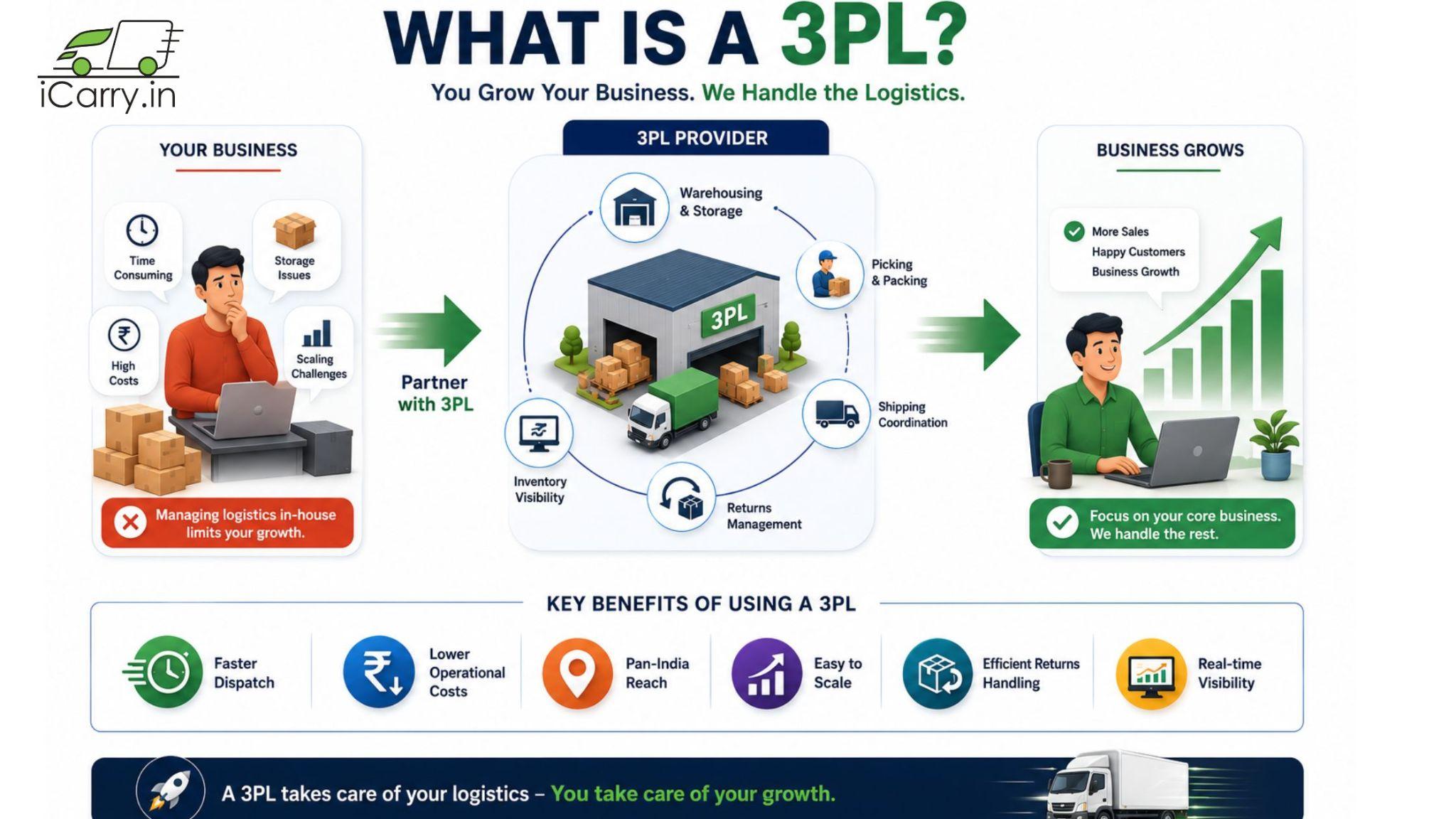 what is 3pl infographic explaining third party logistics services including warehousing inventory management order fulfillment shipping coordination returns management and ecommerce business growth