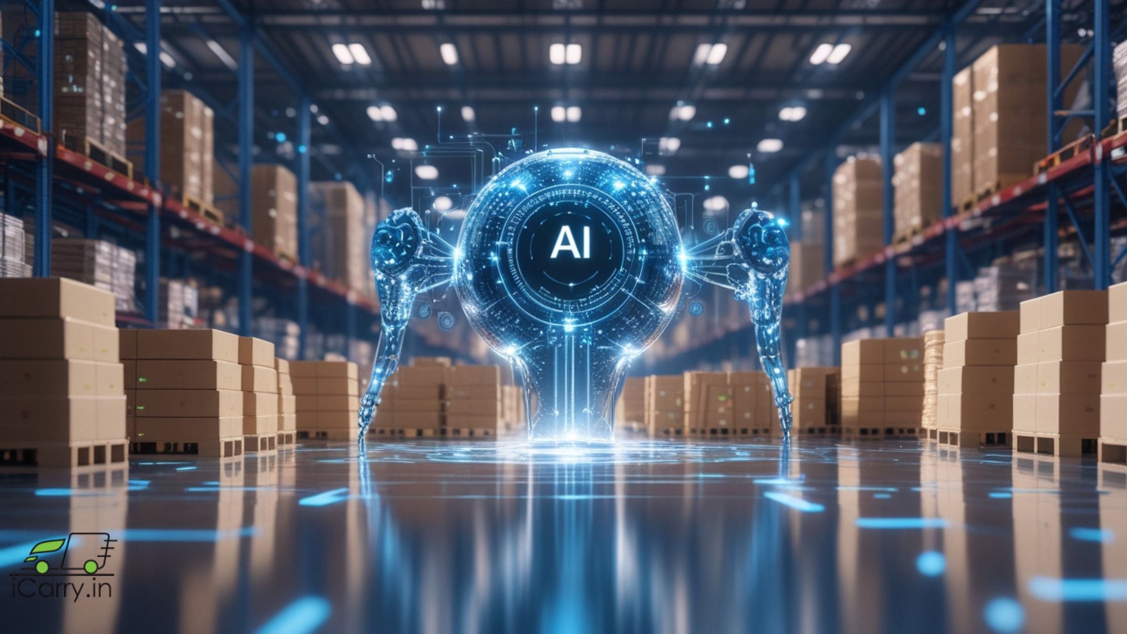 Futuristic AI-powered warehouse with robotic arms and holographic AI interface