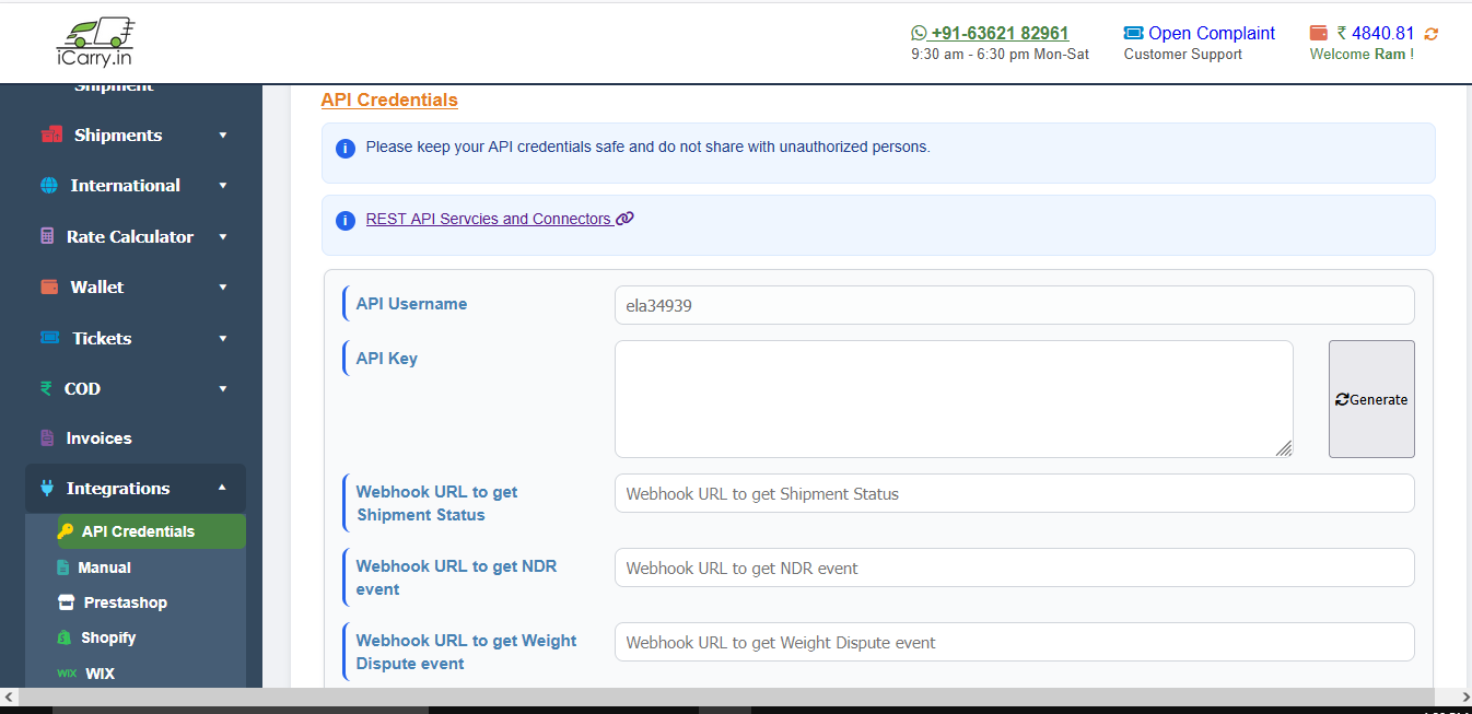 iCarry® API Credentials - Webhook Configuration