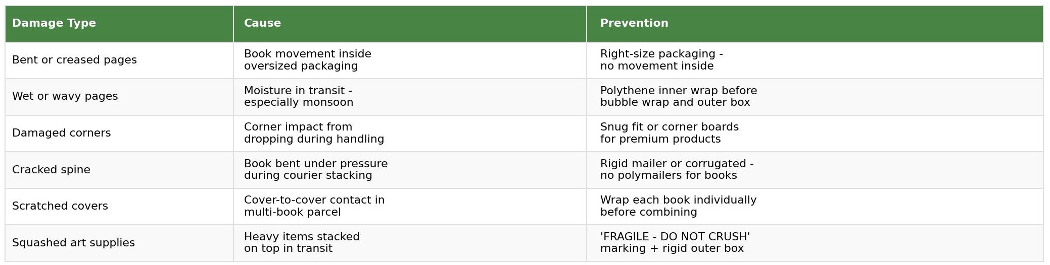 Common damage claims table for books and paper products showing damage type, cause and prevention for bent pages, wet pages, damaged corners, cracked spine, scratched covers and squashed art supplies