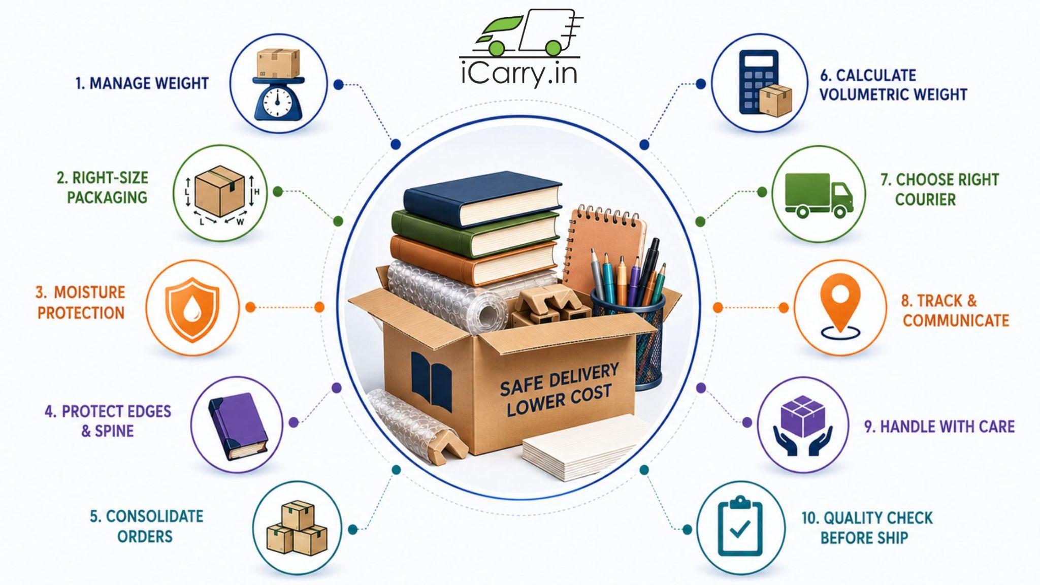 book shipping packaging checklist infographic showing safe packaging weight management volumetric weight courier selection moisture protection tracking and quality checks for ecommerce book delivery