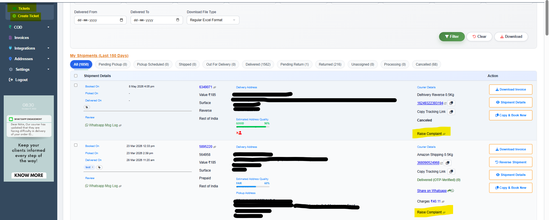 Post-dispatch COD to prepaid conversion support via iCarry dashboard ticket system