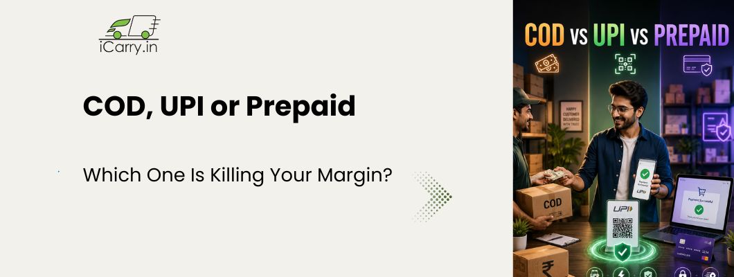 Hero banner for COD vs UPI vs prepaid payments in ecommerce, comparing payment methods, digital payment options and cash on delivery to help Indian online sellers reduce shipping costs, RTO and profit margin losses