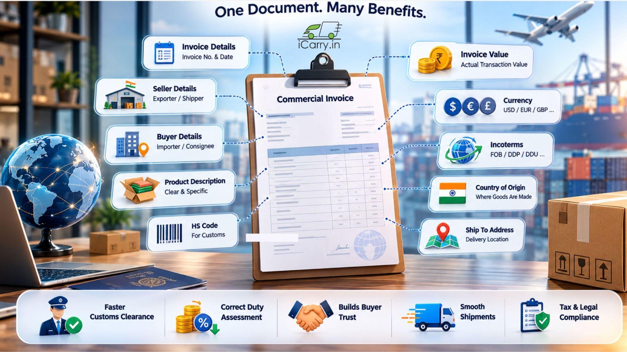Commercial invoice fields, export documentation, customs clearance, HS code, international shipping, customs compliance