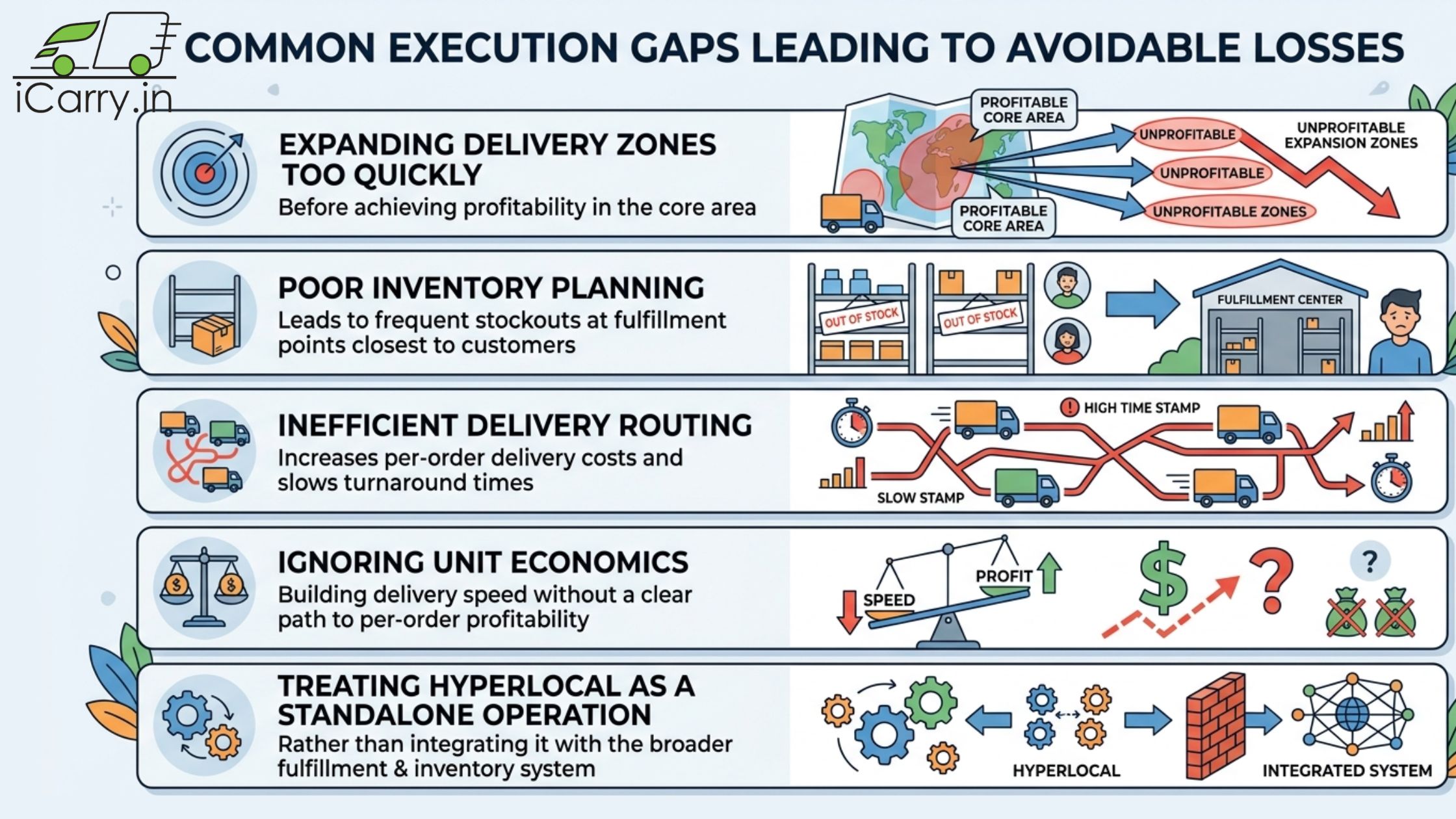 Common logistics mistakes in ecommerce including poor inventory planning, inefficient routing, and delivery expansion issues leading to losses