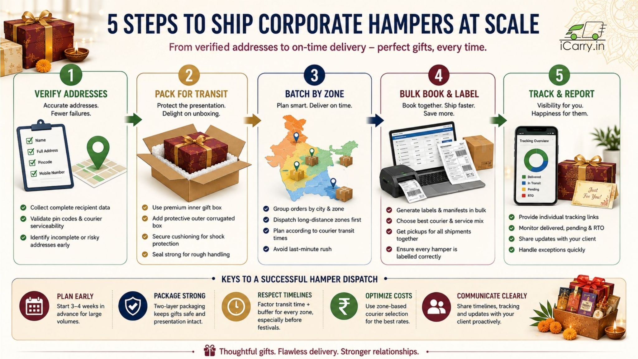 5-step guide to shipping corporate hampers at scale: verify recipient addresses, pack gifts securely for transit, batch shipments by zone, bulk book and label parcels, and track deliveries and report exceptions