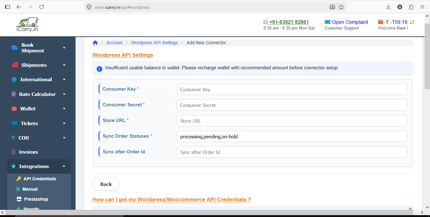 iCarry WooCommerce integration setup - connector configuration in dashboard