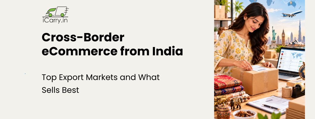 Cross-border eCommerce from India with iCarry.in, showcasing top export markets, popular Indian products for international buyers, export documentation, international courier shipping and tips for selling globally.
