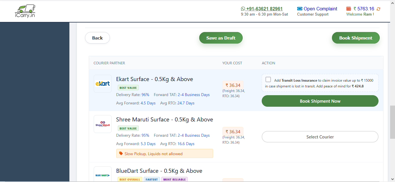 iCarry shipping dashboard showing courier rate comparison, Ekart, Blue Dart, Shree Maruti, shipping calculator, courier selection, shipping rates and ecommerce logistics panel
