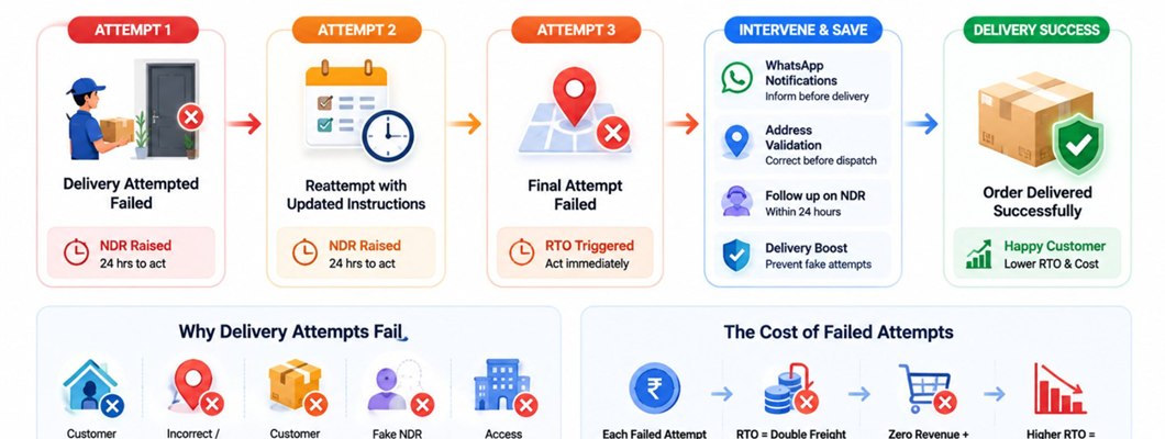 Delivery attempt lifecycle in ecommerce showing first attempt failure reattempt NDR final attempt RTO trigger and interventions like WhatsApp notifications address validation and Delivery Boost to ensure successful delivery