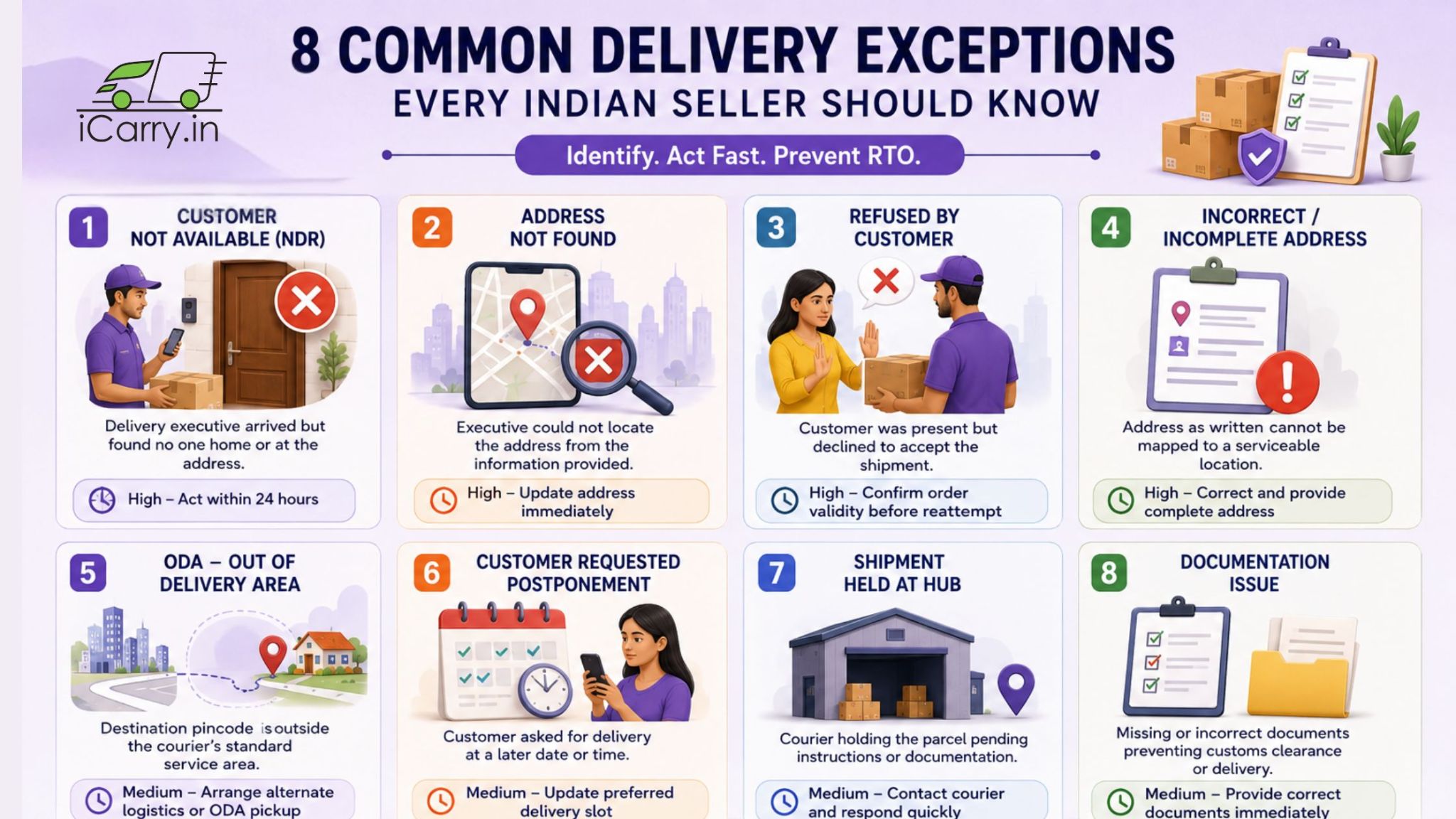 iCarry delivery exceptions, NDR, RTO prevention, address issues, refused delivery, ODA, shipment delays, ecommerce shipping India