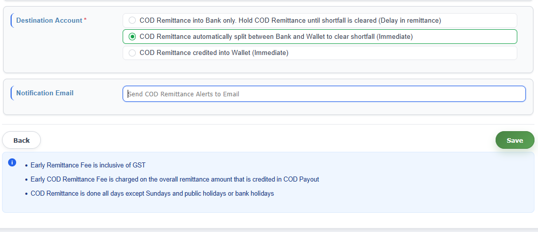 iCarry COD remittance wallet destination settings showing bank only, auto-split, and wallet only options