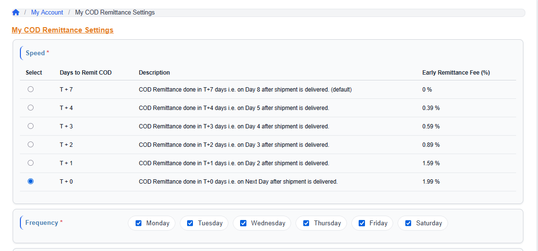 iCarry early COD payout tier breakdown showing T+0 to T+7 options with fees and settlement timelines