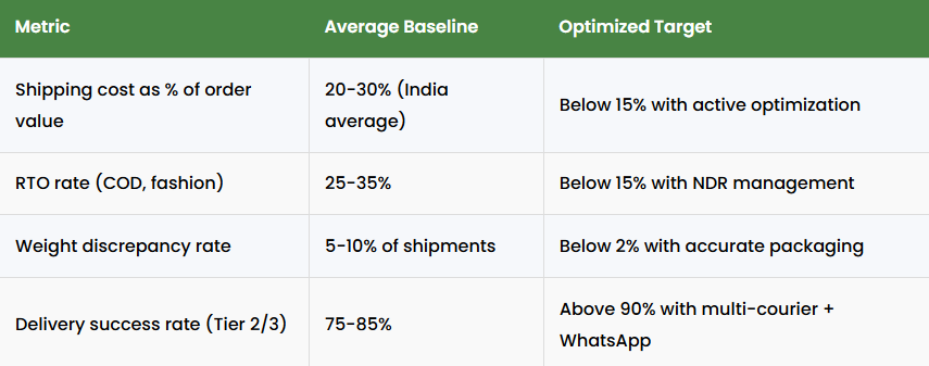 Ecommerce logistics benchmarks in India including shipping cost percentage, RTO rate, weight discrepancy, and delivery success rate with optimized targets