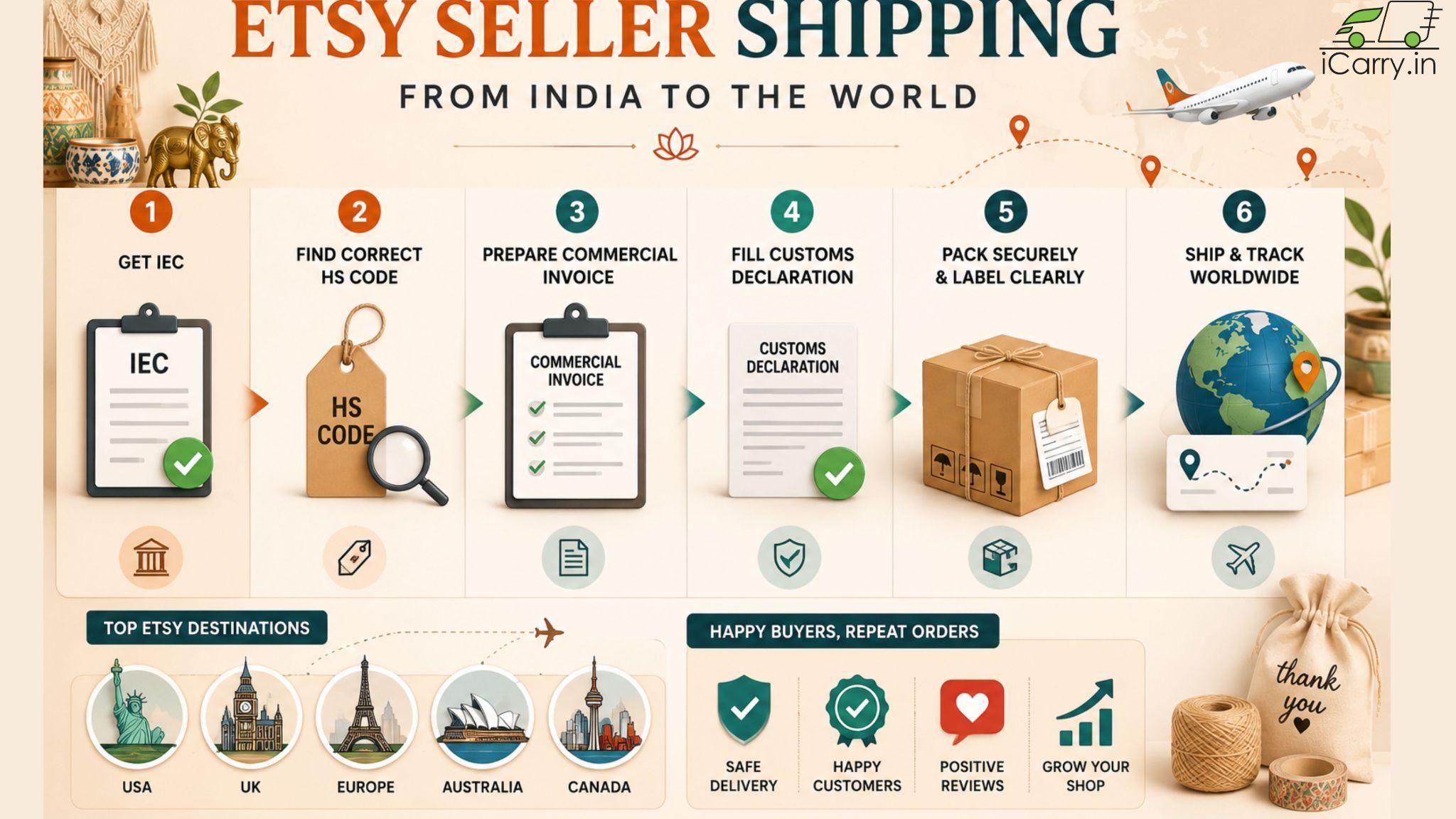 etsy seller shipping process infographic showing IEC registration, HS code selection, commercial invoice preparation, customs declaration, international packaging, worldwide shipping and export delivery from India to USA, UK, Europe, Australia and Canada