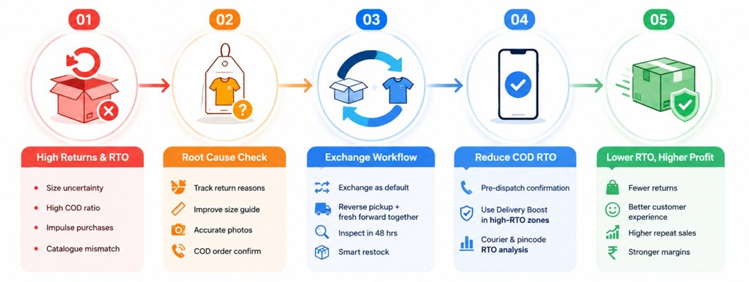 Fashion D2C logistics workflow showing high returns RTO issues root cause analysis exchange process COD RTO reduction and steps to improve delivery success and profitability