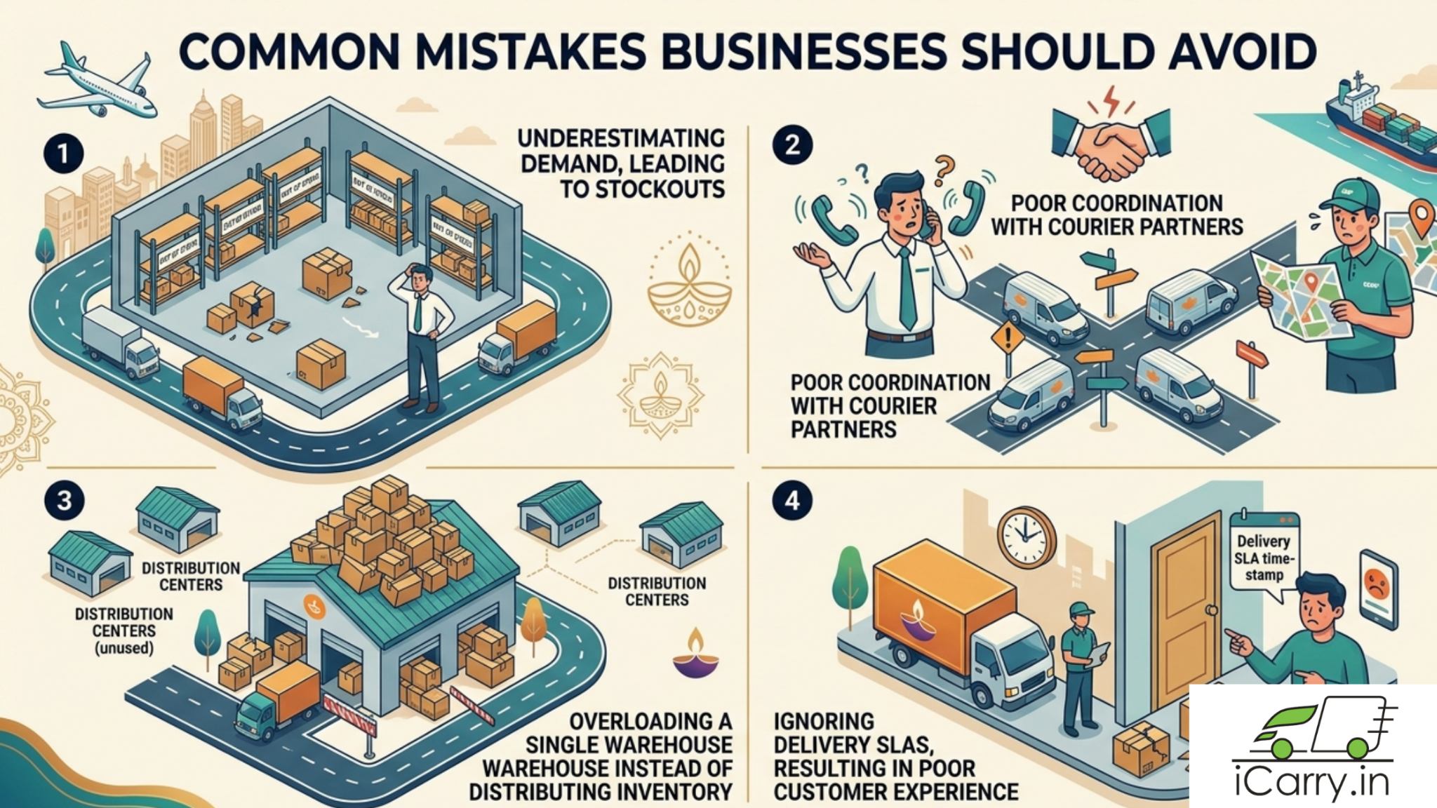 Common mistakes businesses should avoid during festive season shipping in India including demand underestimation, courier coordination issues, and warehouse overload