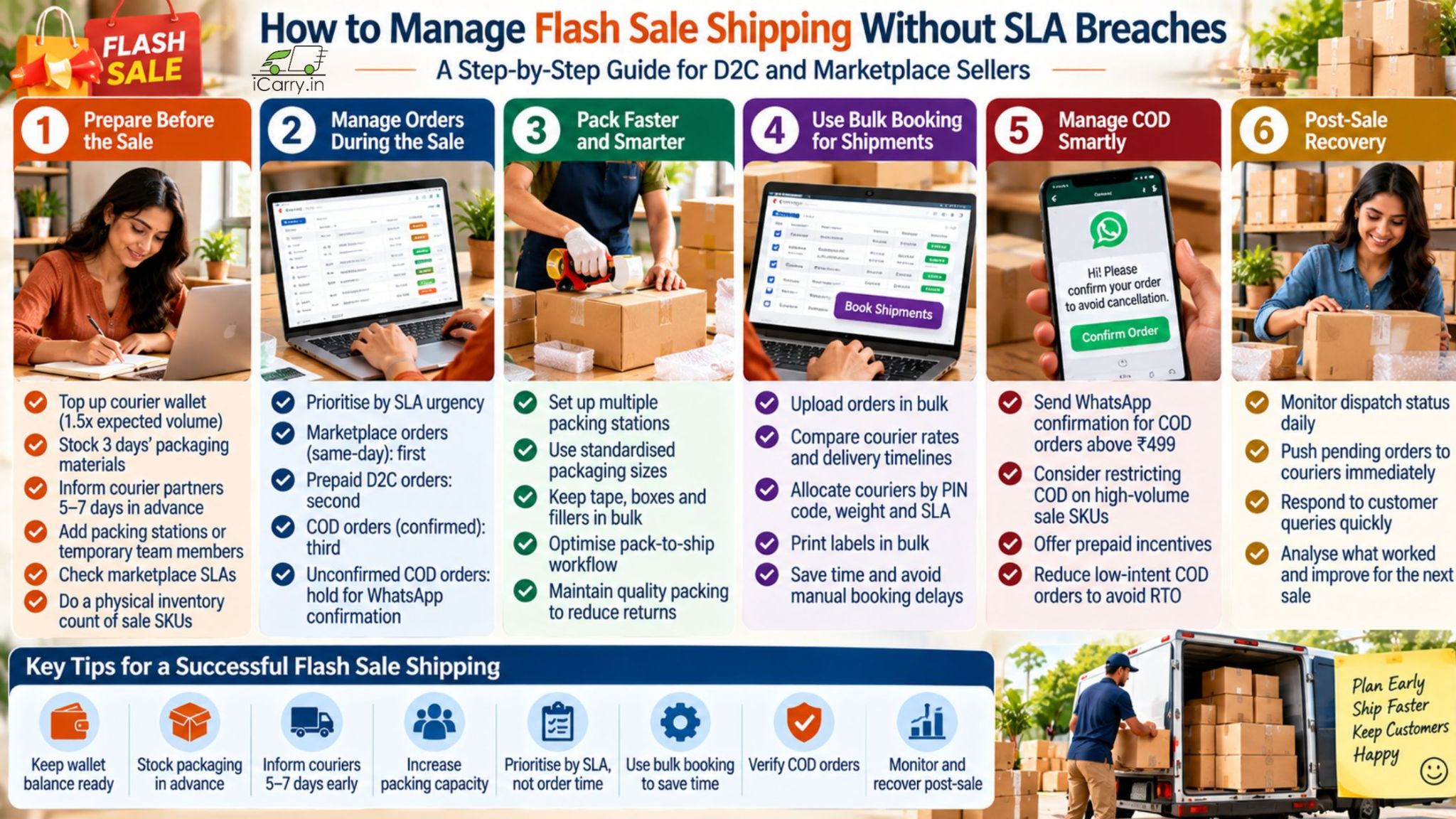 How to manage flash sale shipping in India with iCarry.in, covering inventory planning, bulk courier booking, faster packaging, COD verification and post-sale order recovery to prevent SLA breaches.