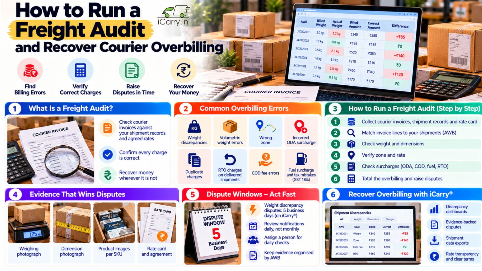 iCarry.in infographic on how to run a freight audit and recover courier overbilling in India, covering shipment weight discrepancies, volumetric weight errors, incorrect zone charges, ODA surcharges, duplicate billing, COD and RTO fee errors, courier invoice verification, dispute evidence, and overcharge recovery.