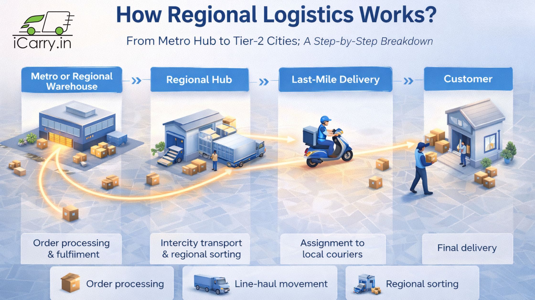 Step by step regional logistics process in India showing warehouse, regional hub, last mile delivery, and final customer delivery flow