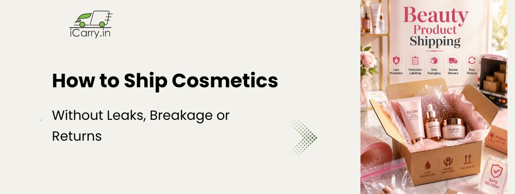 cosmetics and beauty products shipping guide in India showing packaging for liquid products, leak prevention, FSSAI and CDSCO labelling requirements, returns management and safe courier delivery for beauty brands