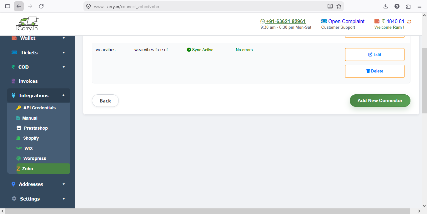 iCarry® dashboard panel showing zoho integration setup with active connection status and options to edit delete or add new connector