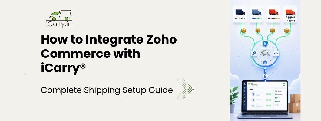 Zoho Commerce and iCarry API integration showing automated order sync and multi-courier shipping workflow