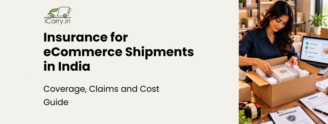 iCarry.in guide to eCommerce shipment insurance in India, featuring secure parcel packaging, insurance coverage, shipment tracking, claim documentation, and cost management for lost or damaged deliveries.