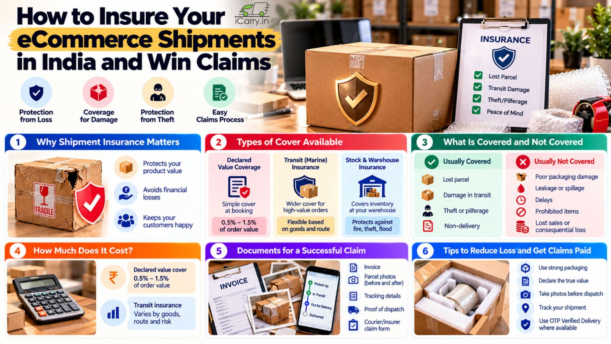 iCarry.in infographic on how to insure eCommerce shipments in India and win claims, covering shipment insurance types, lost parcel and transit damage protection, theft coverage, insurance costs, claim documents, proof of dispatch, and secure packaging tips.