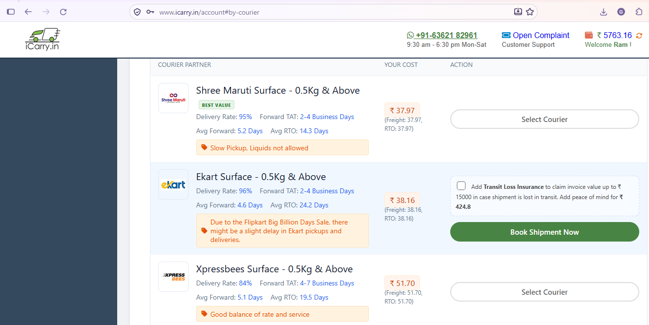 iCarry.in courier aggregator platform featuring 13 courier partners in India: Delhivery, Amazon Shipping, Blue Dart, Xpressbees, Ekart, Shree Maruti, FedEx, Aramex, GATI, The Professional Couriers, Urbanebolt, DTDS, and Velocity. The multi-courier network supports eCommerce shipping, domestic and international deliveries, courier rate comparison, shipment tracking, and reliable order fulfilment.