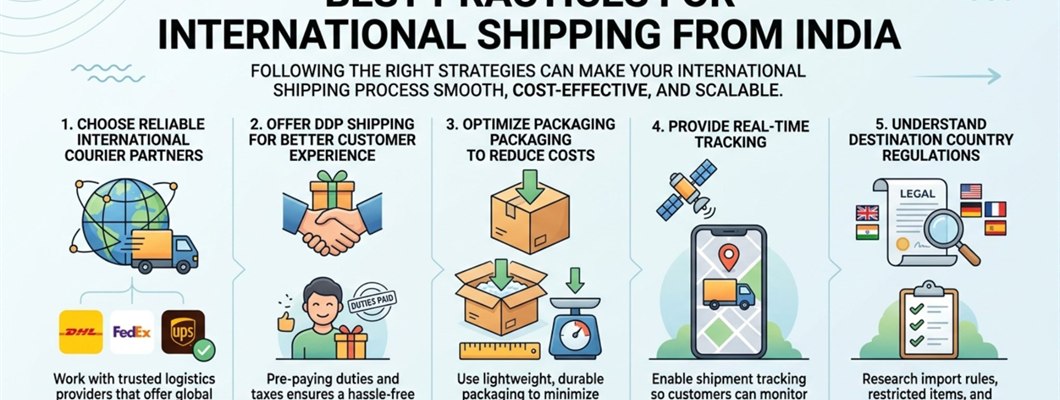 Best practices for international shipping from India infographic showing five steps including choosing reliable courier partners prepaid shipping packaging optimization real time tracking and understanding country regulations