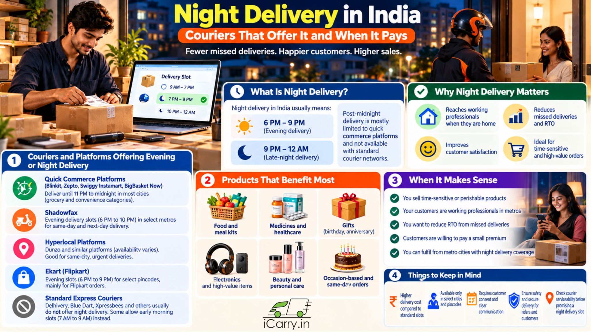 iCarry.in night delivery in India infographic comparing evening and late-night courier services, including Shadowfax, Ekart, quick commerce platforms, delivery time slots, eligible products, and strategies to reduce missed deliveries and RTO for eCommerce sellers.