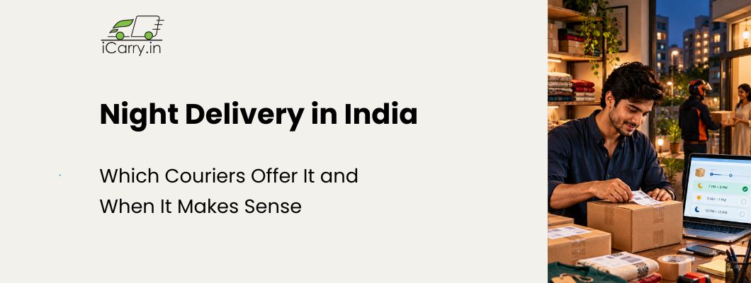 iCarry.in night delivery in India guide explaining courier options for evening and late-night deliveries, delivery time slots, shipment tracking, and when eCommerce sellers should choose night delivery for faster customer fulfilment.