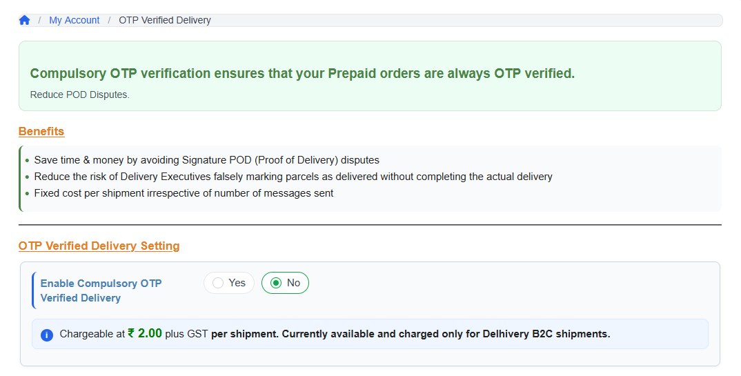 How to enable OTP verified delivery in iCarry panel settings