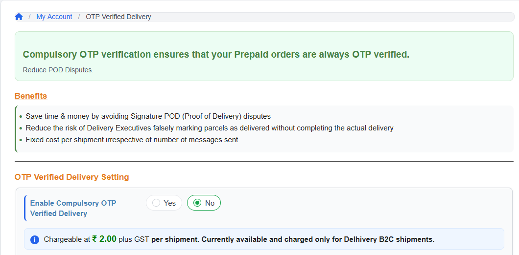 iCarry® OTP Verified Delivery Setting