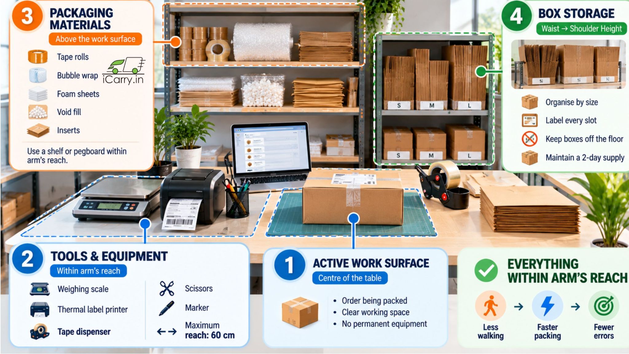 Efficient packing station setup with organized tools, packaging materials, and box storage for faster eCommerce order fulfillment.