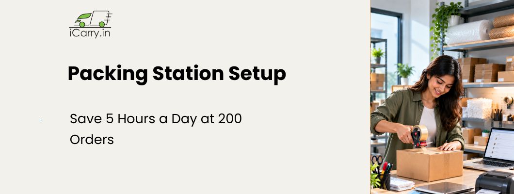 Packing station setup for eCommerce shipping, designed to save time and efficiently handle 200 orders per day.
