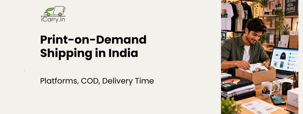iCarry.in print-on-demand shipping in India guide covering POD platforms, cash on delivery (COD), delivery timelines, order fulfilment, and shipping solutions for custom-printed T-shirts, mugs, apparel, and eCommerce products.