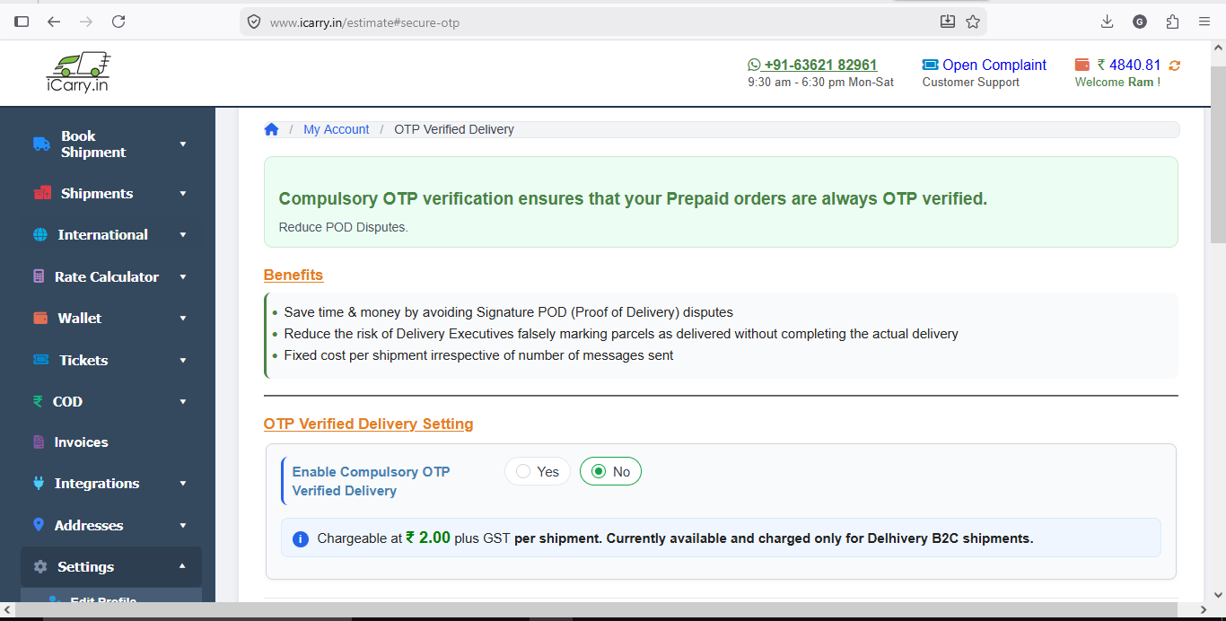 icarry dashboard showing otp verified delivery settings for prepaid shipments with enable option benefits and configuration panel for proof of delivery setup