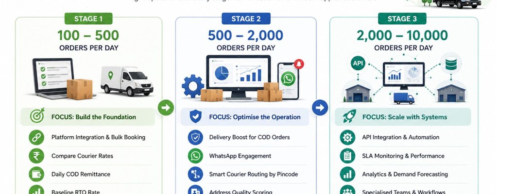 How to scale from 100 to 10000 orders infographic showing three stages of D2C growth with order volumes key logistics focus areas automation tools and iCarry solutions at each stage