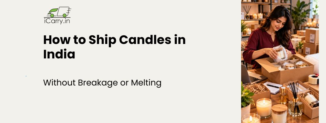 iCarry.in blog banner on how to ship candles in India without breakage or melting, featuring a seller packing scented candles in protective boxes, secure packaging techniques, and shipping tips for candle businesses to prevent transit damage and heat exposure.