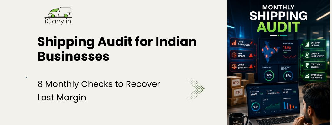 shipping audit dashboard for Indian businesses showing monthly logistics review metrics including RTO analysis, courier performance tracking, shipping cost optimisation, GST ITC recovery, weight discrepancy monitoring and ecommerce profit improvement