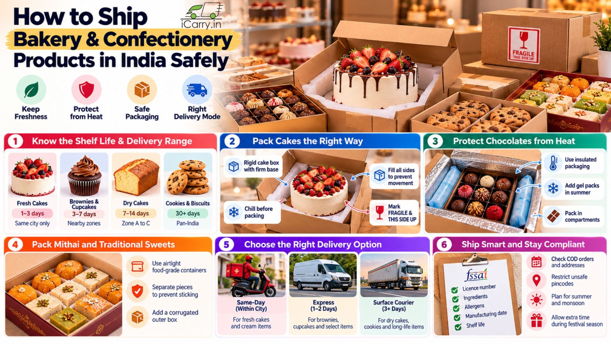 iCarry.in infographic on how to ship bakery and confectionery products safely in India, covering cake packaging, chocolate heat protection, mithai and sweet boxes, shelf life, same-day delivery, express courier options, and FSSAI labelling compliance.