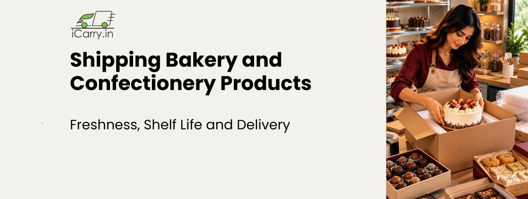 iCarry.in guide to shipping bakery and confectionery products in India, featuring cake packaging, chocolates, pastries, freshness protection, shelf life management, and safe courier delivery for bakery businesses.