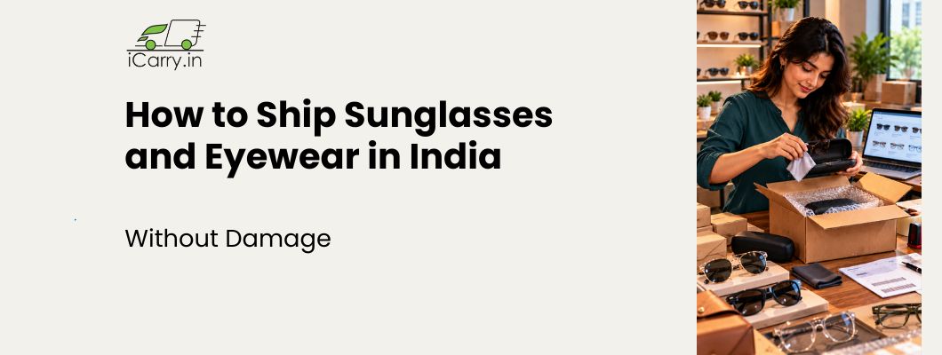 iCarry.in blog banner on how to ship sunglasses and eyewear in India without damage, featuring an online seller packing sunglasses in a protective box with bubble wrap, secure packaging techniques, and shipping tips to prevent scratches, breakage, and transit damage for eCommerce orders.