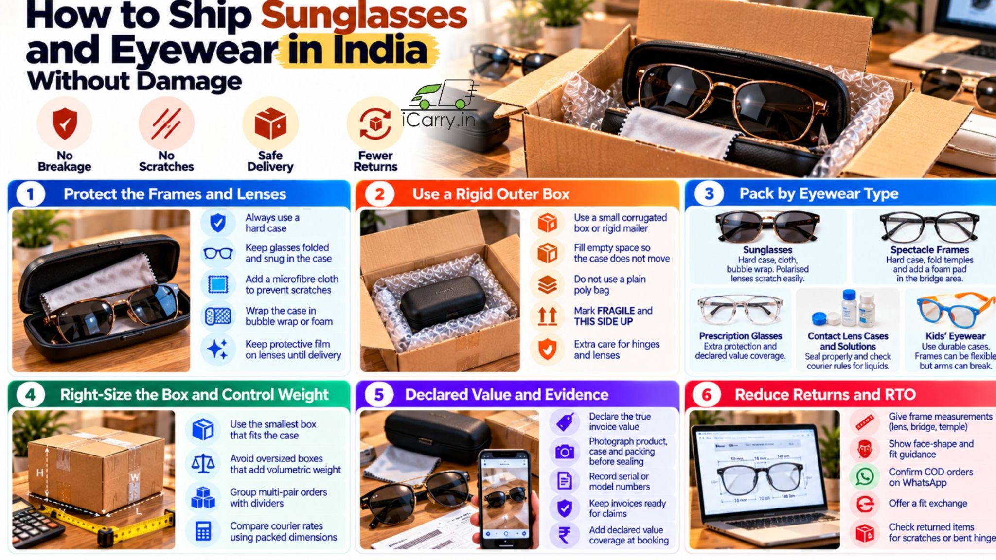 iCarry.in infographic on how to ship sunglasses and eyewear in India without damage, covering protective cases for frames and lenses, rigid outer box packaging, shipping prescription glasses and contact lenses, volumetric weight optimization, declared value insurance, and tips to reduce returns and RTO for eCommerce sellers.