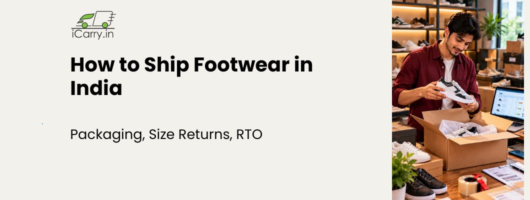 iCarry.in blog banner on how to ship footwear in India, highlighting shoe packaging, size-related returns, and return-to-origin (RTO) reduction, with an eCommerce seller carefully packing sneakers in a protective cardboard box.