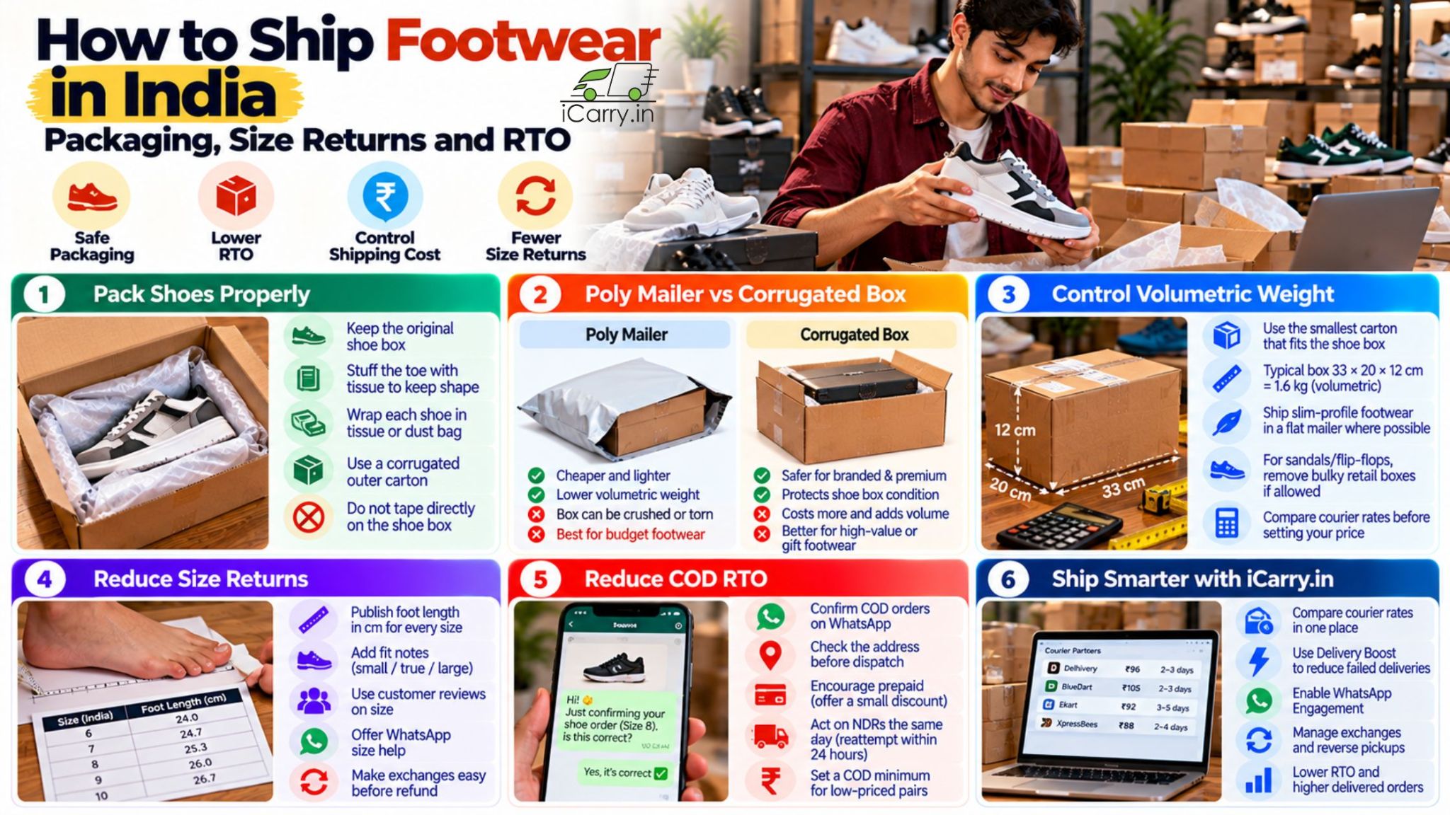 iCarry.in infographic on how to ship footwear in India, covering shoe packaging techniques, poly mailer vs. corrugated box comparisons, volumetric weight optimization, size-related returns, COD return-to-origin (RTO) reduction, and multi-courier rate comparison with Delhivery, Amazon Shipping, Blue Dart, Ekart, XpressBees, and others. Includes WhatsApp order verification, Delivery Boost, and exchange management tips for eCommerce footwear sellers.