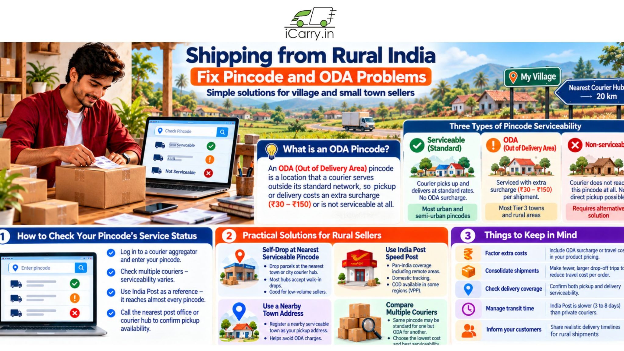 Shipping from rural India with iCarry.in, explaining pincode serviceability, ODA (Out of Delivery Area) charges, courier coverage, rural eCommerce shipping solutions, India Post Speed Post, self-drop options and tips to reduce delivery costs for village and small-town sellers.