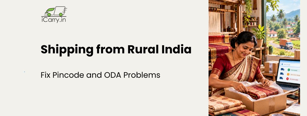 Shipping from rural India with iCarry.in, highlighting pincode serviceability, out-of-delivery-area (ODA) challenges, courier availability, remote-area delivery and solutions for reliable eCommerce shipping across rural India.